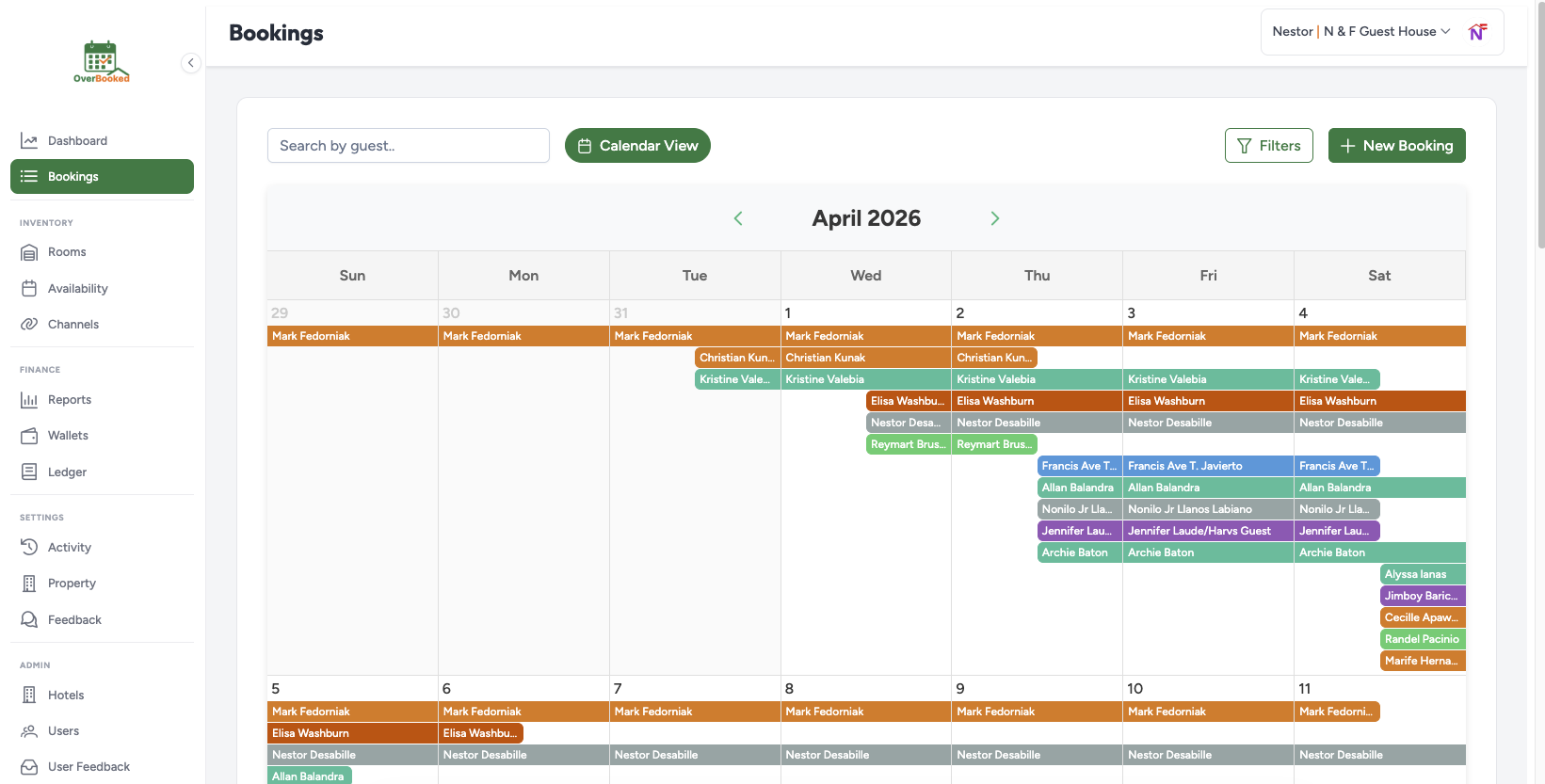 Go Overbooked visual booking calendar showing color-coded hotel reservations