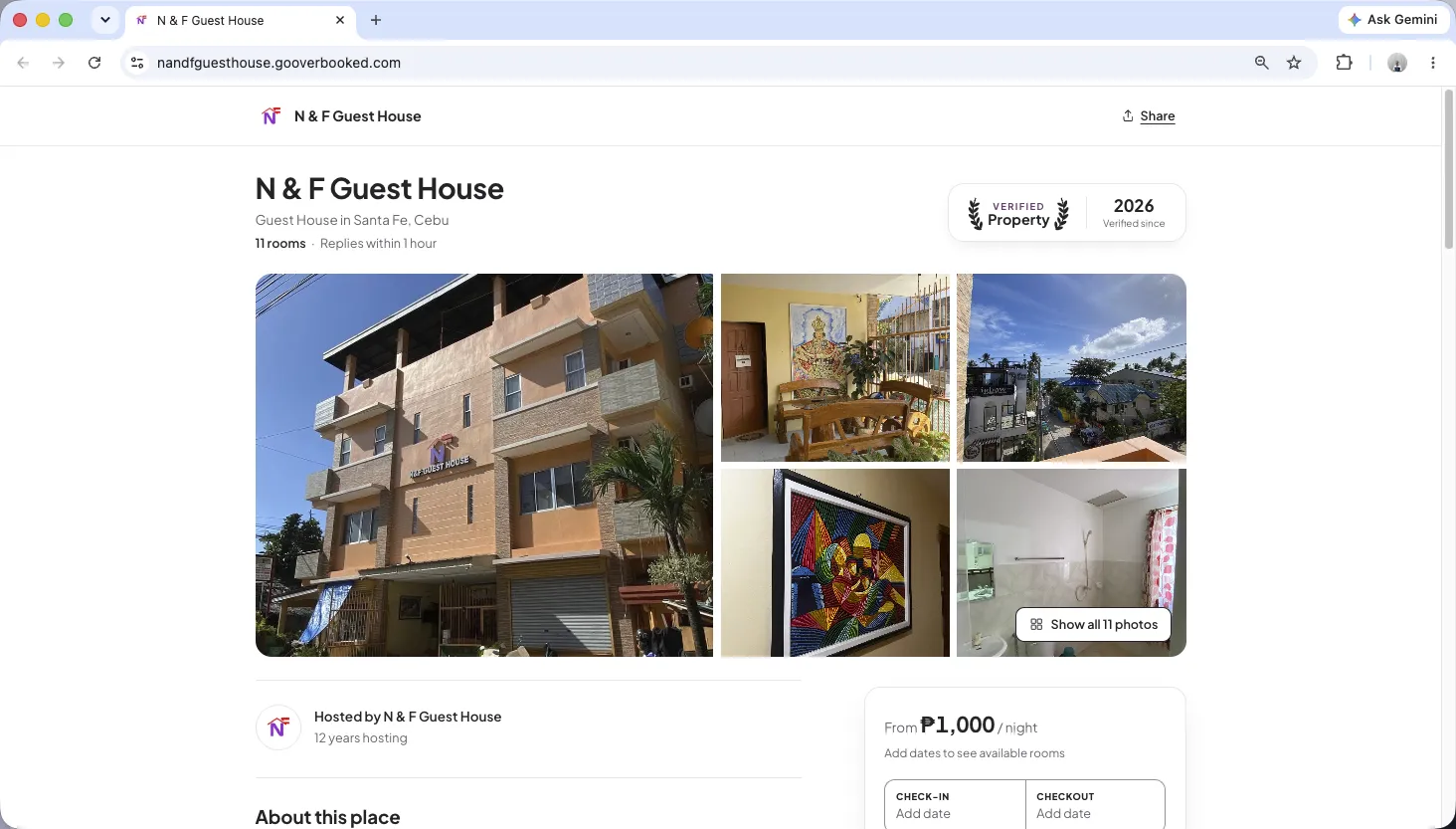 N & F Guest House booking website with photos, rooms and a booking form
