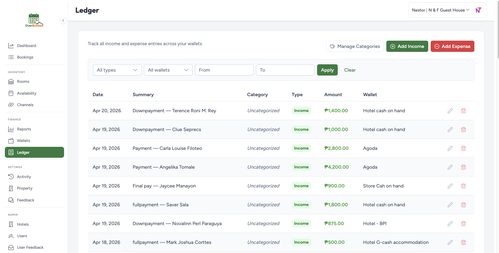 Go Overbooked ledger view showing income, expenses, and wallet balance
